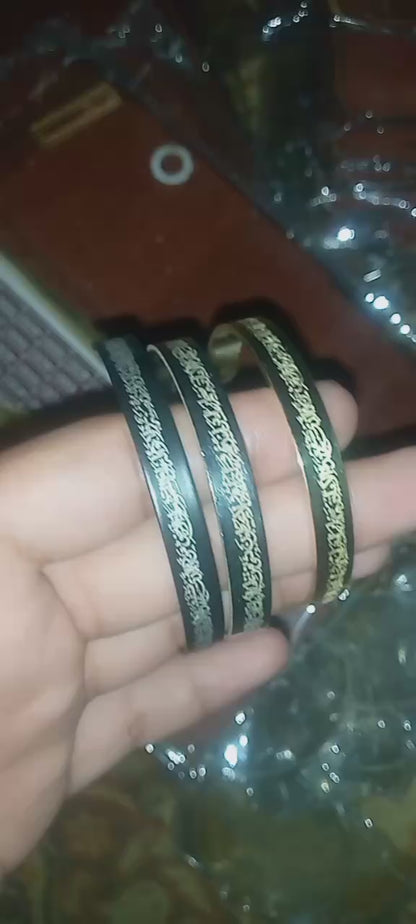 Ayat-ul-kursi Bangle – Elegant Islamic Bracelet In Black, Golden & Silver (double Polish Finish)